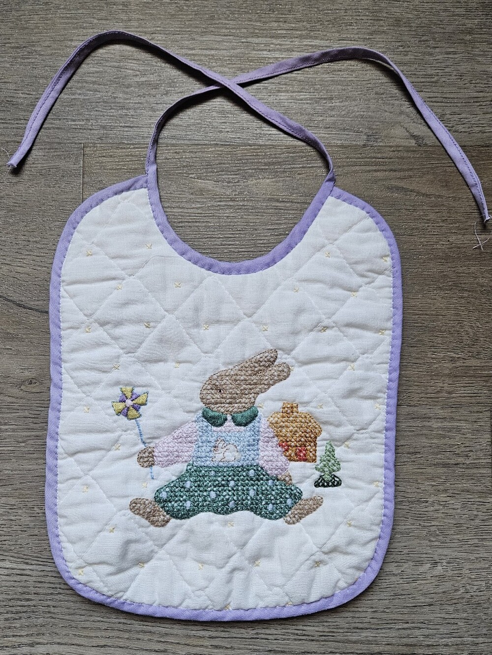 Lavender Trim Quilted Bunny Baby Bib Vintage